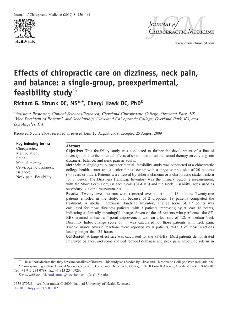 Effects of chiropractic care on dizziness, neck pain, and balance: a single-group, preexperimental, feasibility study 