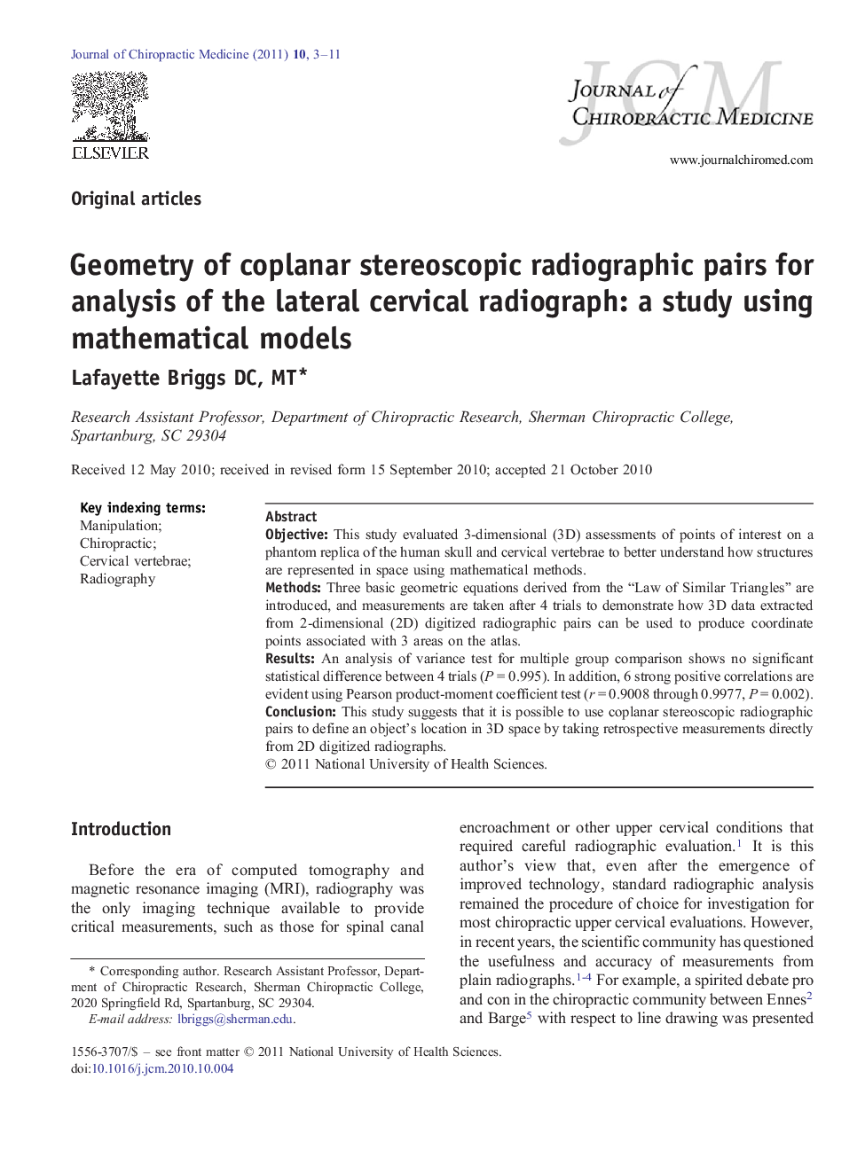 Geometry of coplanar stereoscopic radiographic pairs for analysis of the lateral cervical radiograph: a study using mathematical models