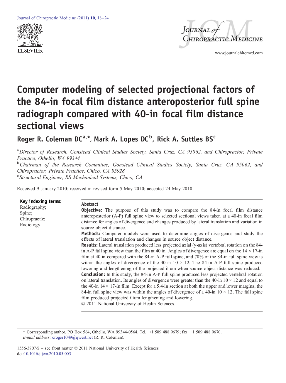 Computer modeling of selected projectional factors of the 84-in focal film distance anteroposterior full spine radiograph compared with 40-in focal film distance sectional views