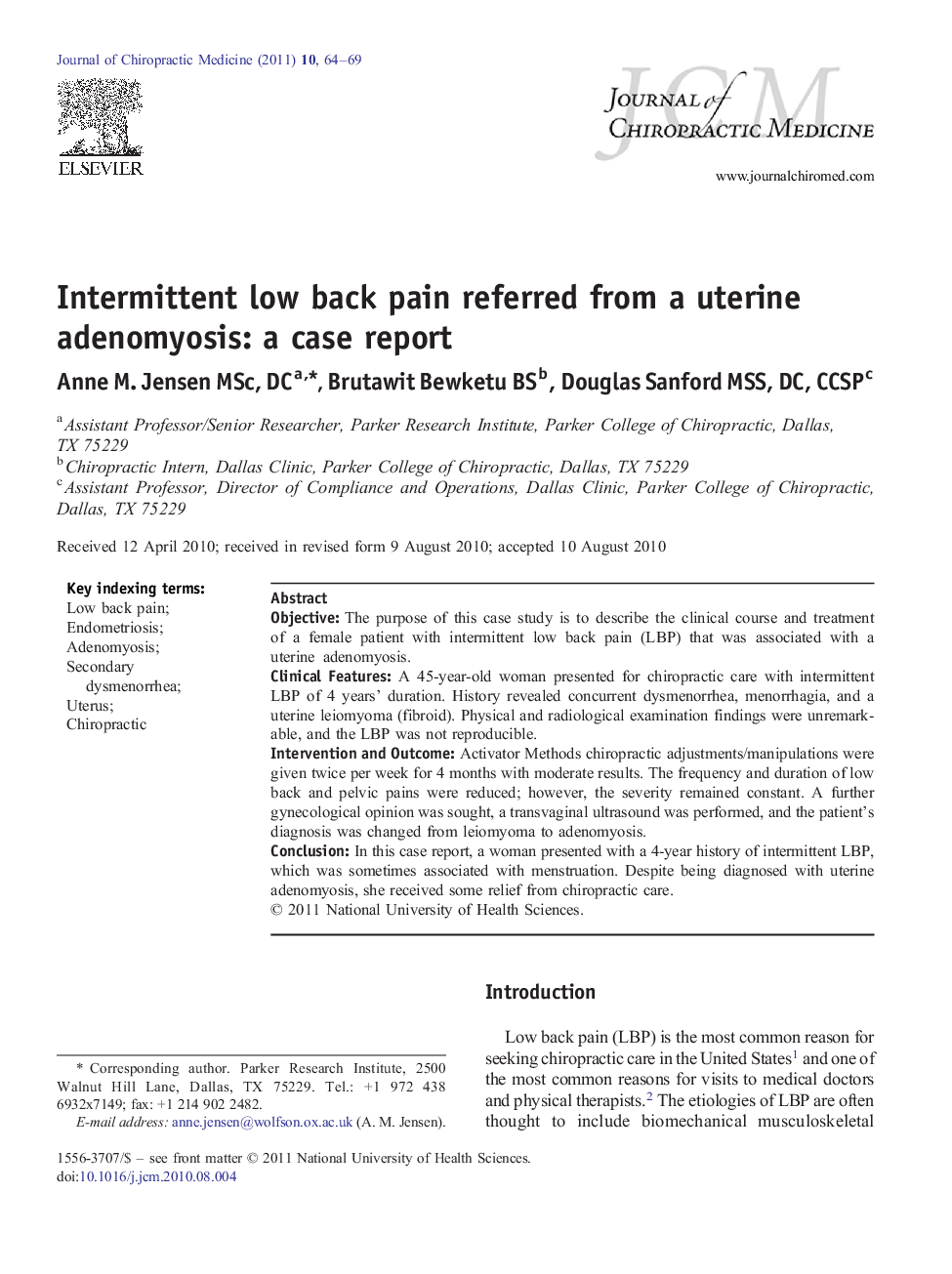 Intermittent low back pain referred from a uterine adenomyosis: a case report