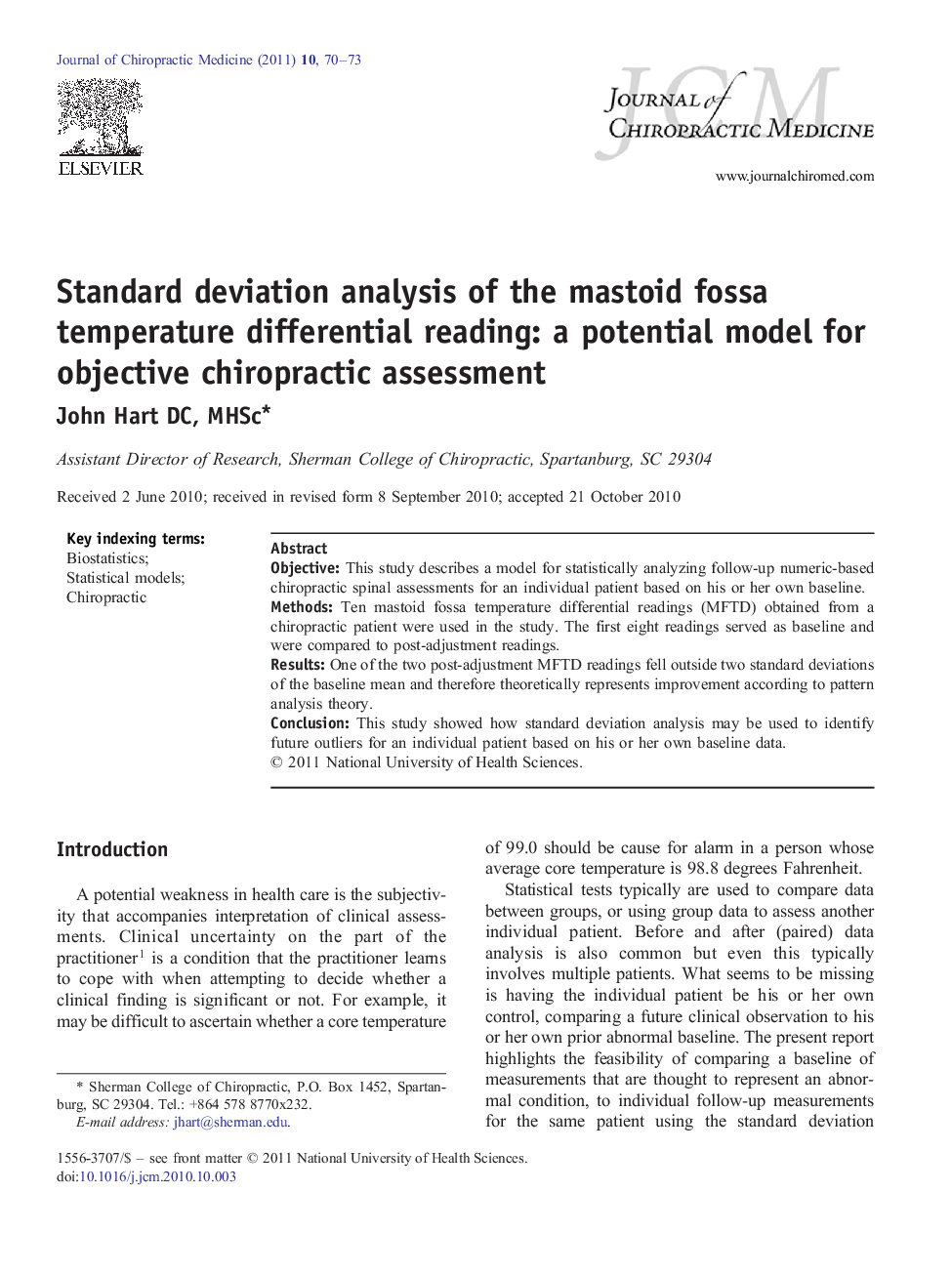 Standard deviation analysis of the mastoid fossa temperature differential reading: a potential model for objective chiropractic assessment