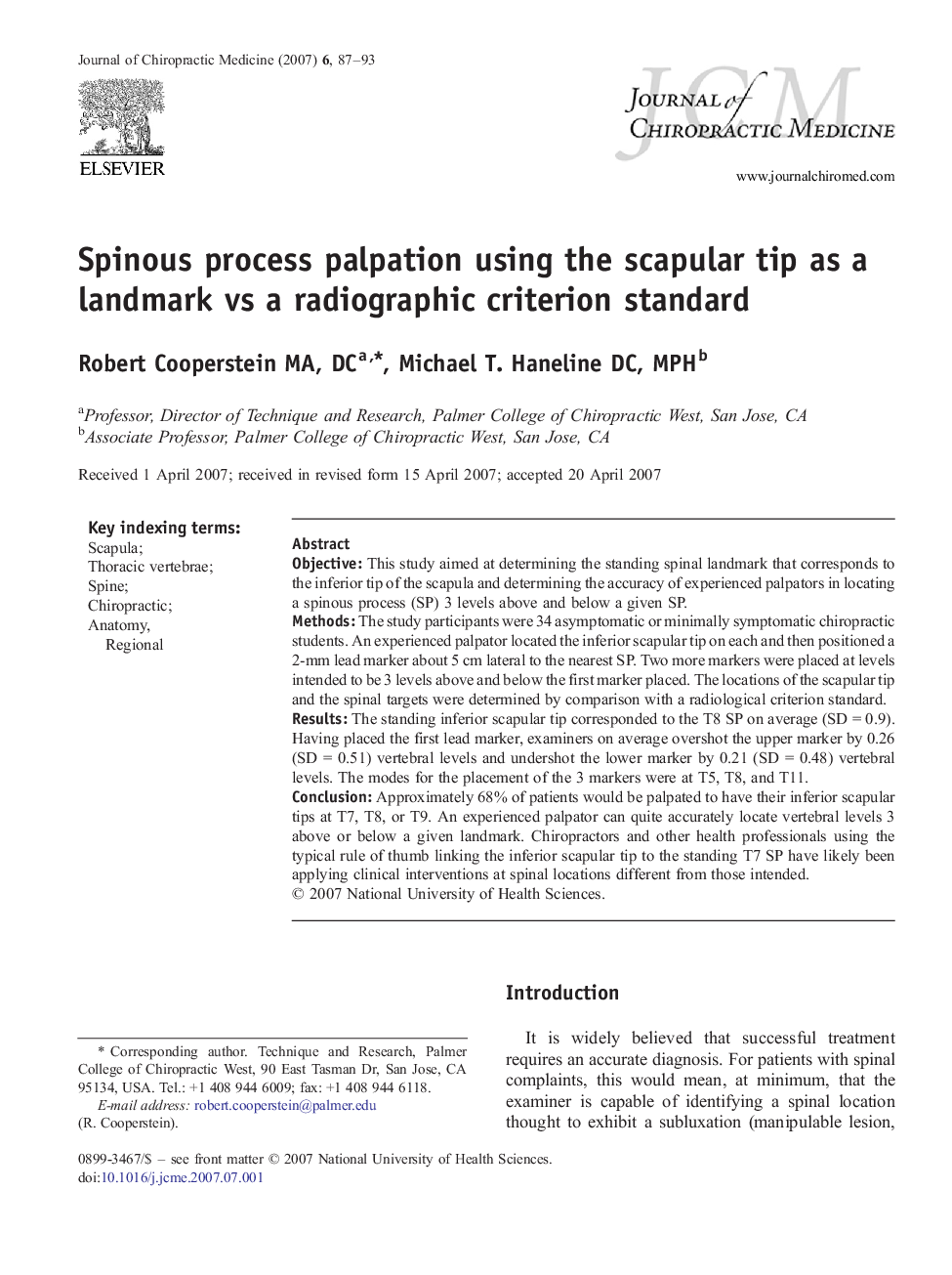 Spinous process palpation using the scapular tip as a landmark vs a radiographic criterion standard