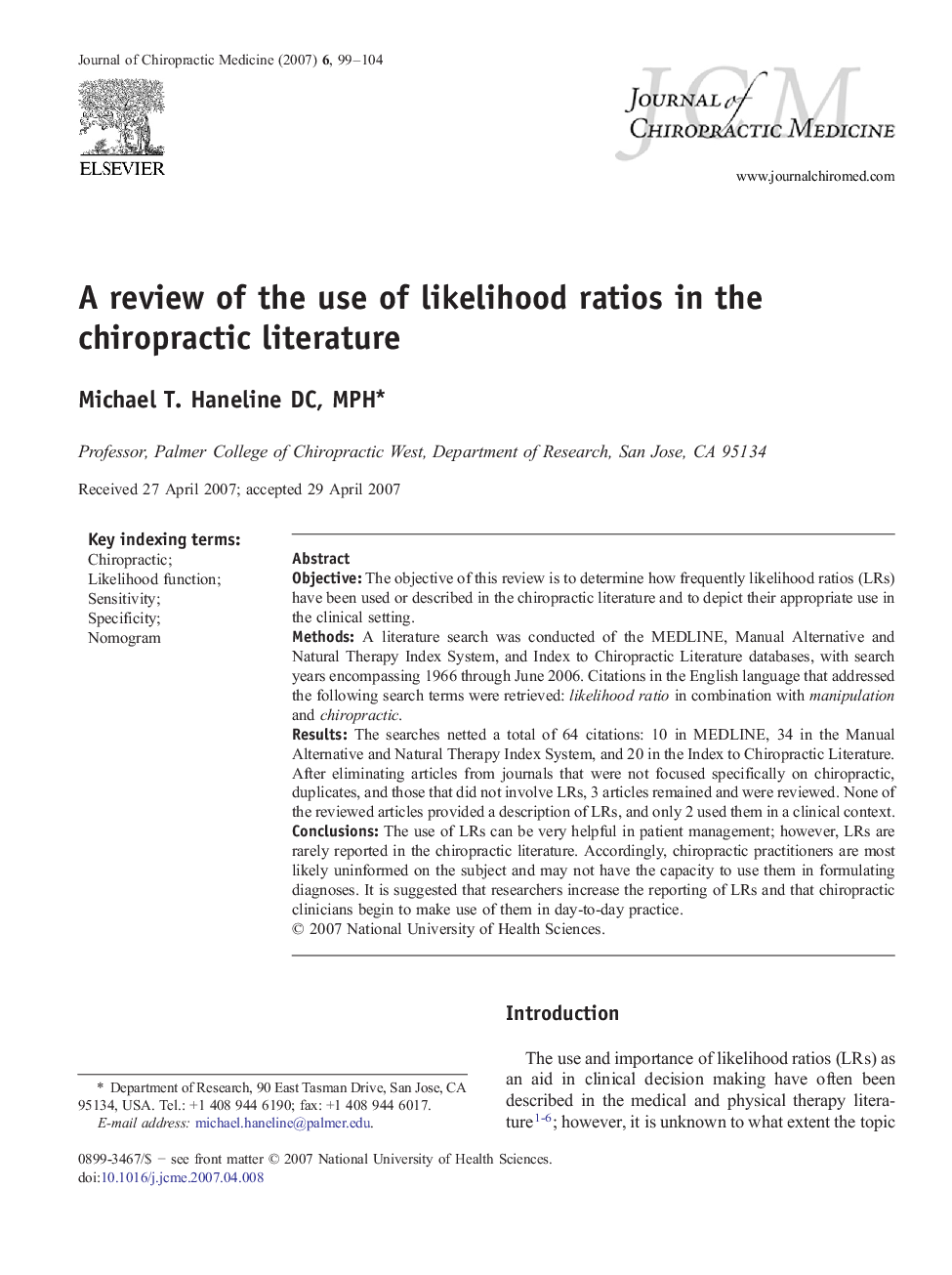 A review of the use of likelihood ratios in the chiropractic literature