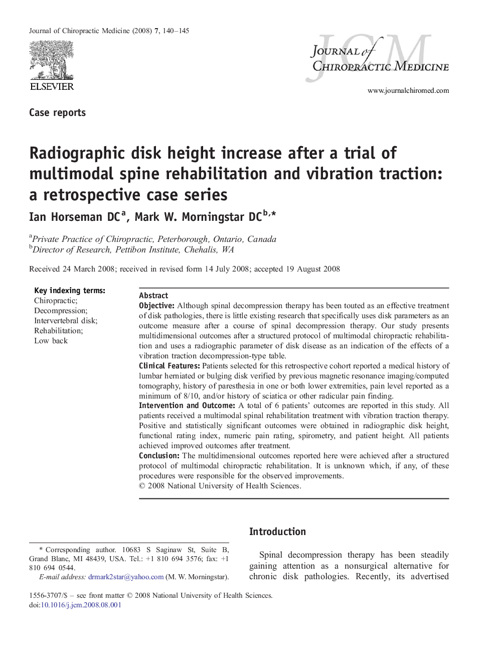 Radiographic disk height increase after a trial of multimodal spine rehabilitation and vibration traction: a retrospective case series