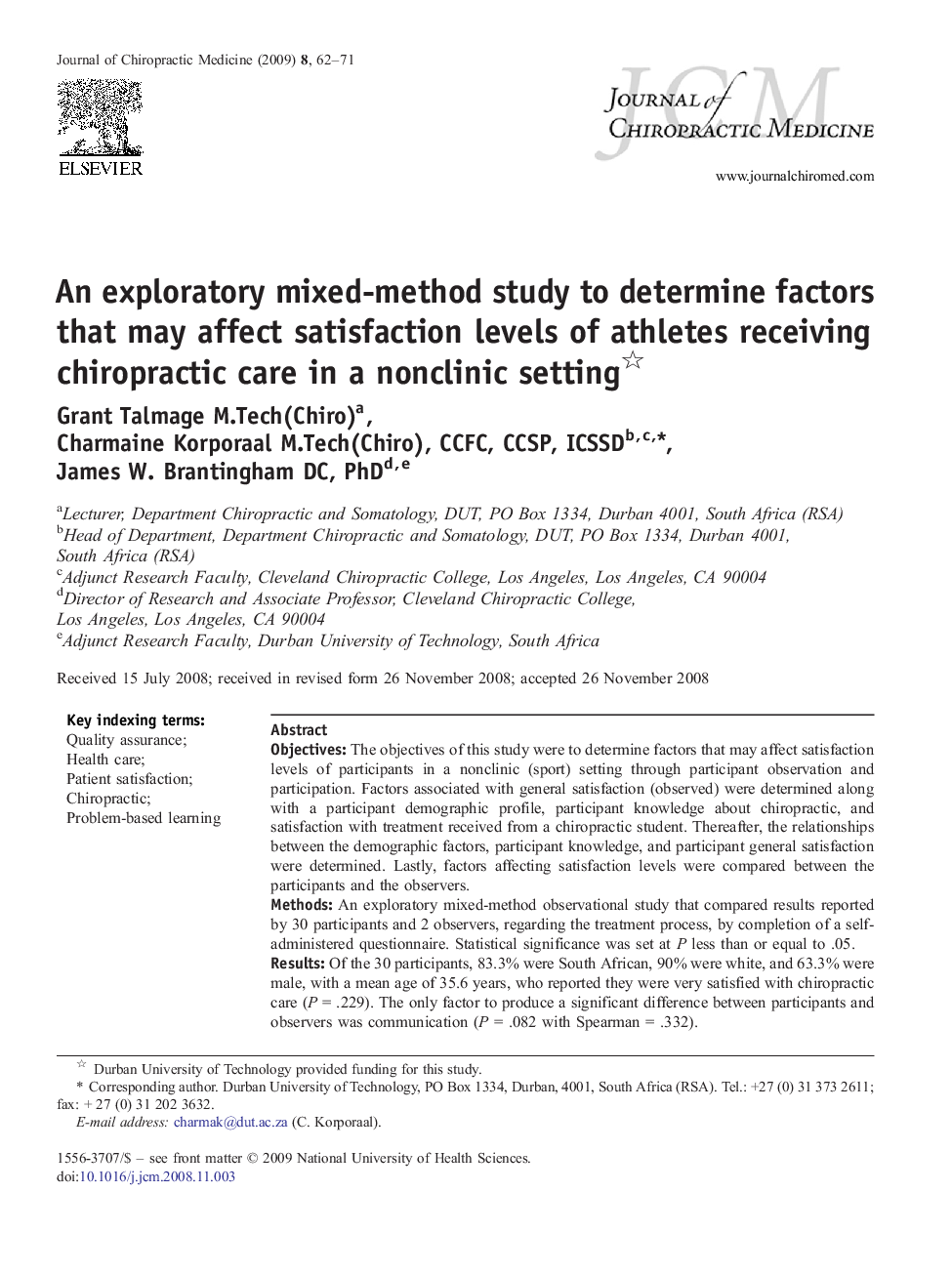 An exploratory mixed-method study to determine factors that may affect satisfaction levels of athletes receiving chiropractic care in a nonclinic setting 