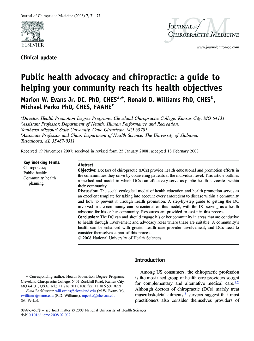 Public health advocacy and chiropractic: a guide to helping your community reach its health objectives