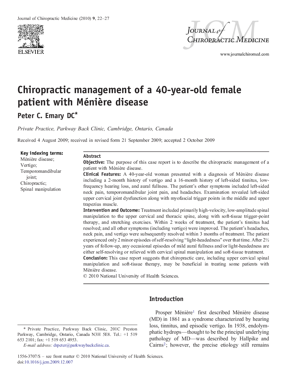 Chiropractic management of a 40-year-old female patient with MéniÃ¨re disease