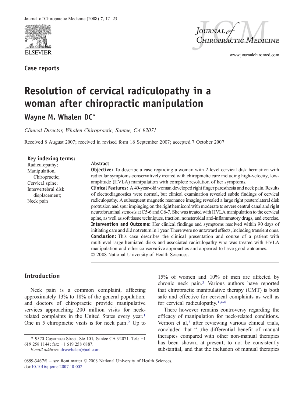 Resolution of cervical radiculopathy in a woman after chiropractic manipulation