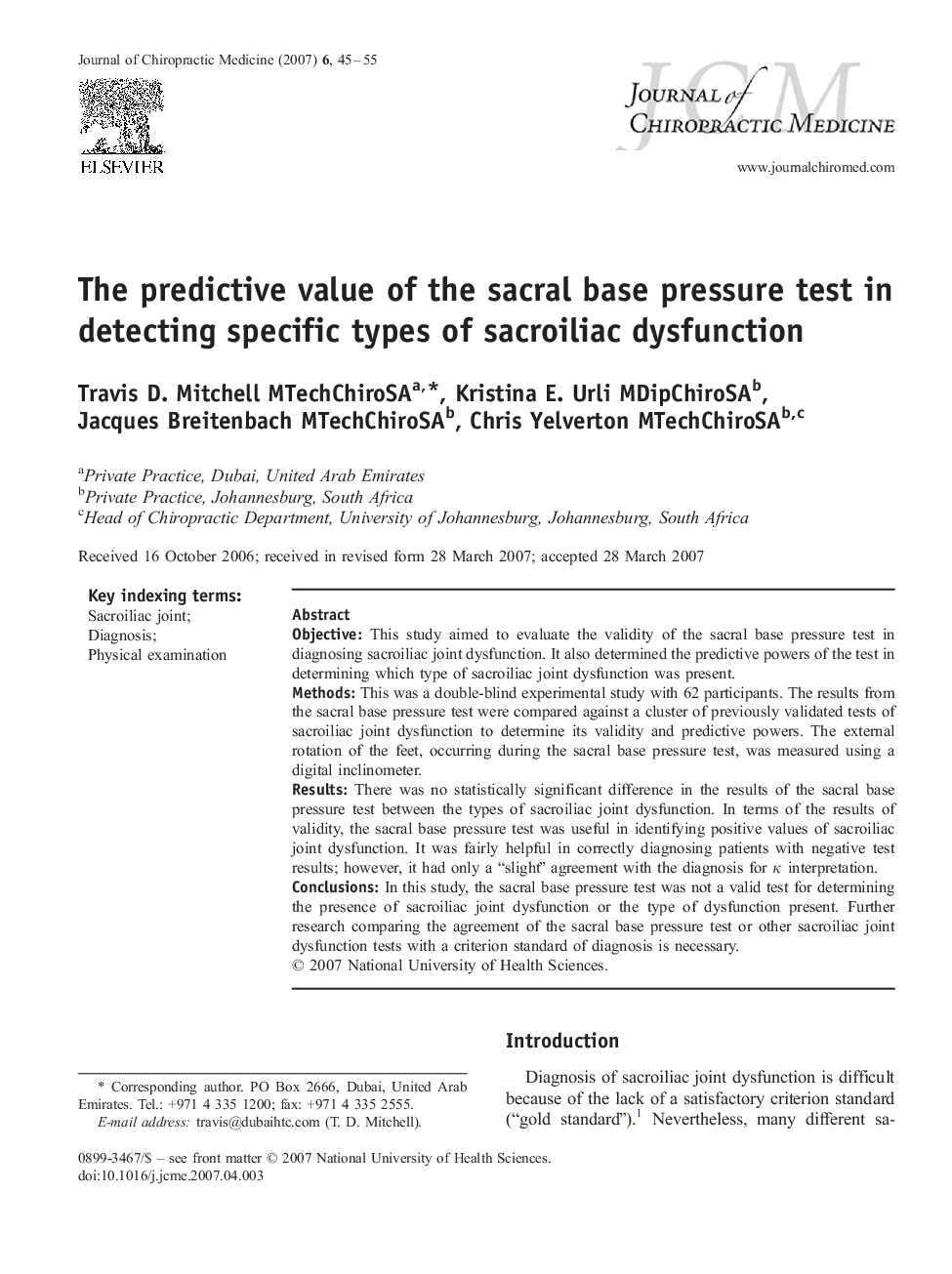 The predictive value of the sacral base pressure test in detecting specific types of sacroiliac dysfunction