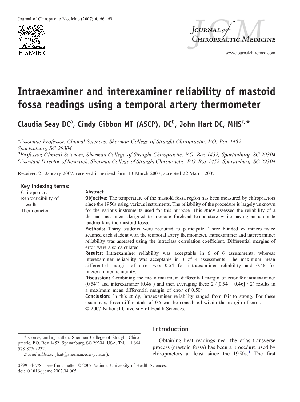 Intraexaminer and interexaminer reliability of mastoid fossa readings using a temporal artery thermometer