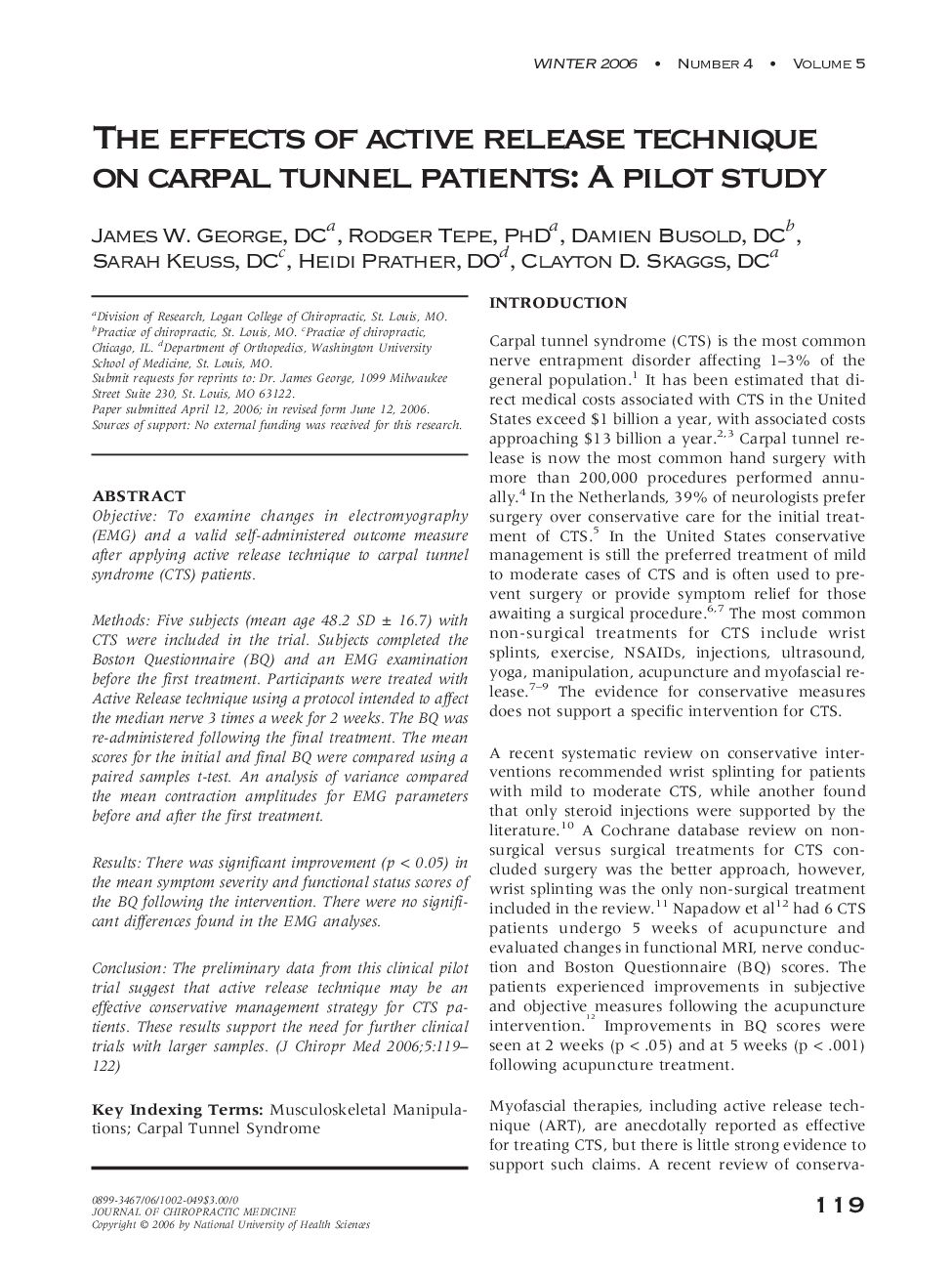 The effects of active release technique on carpal tunnel patients: A pilot study 