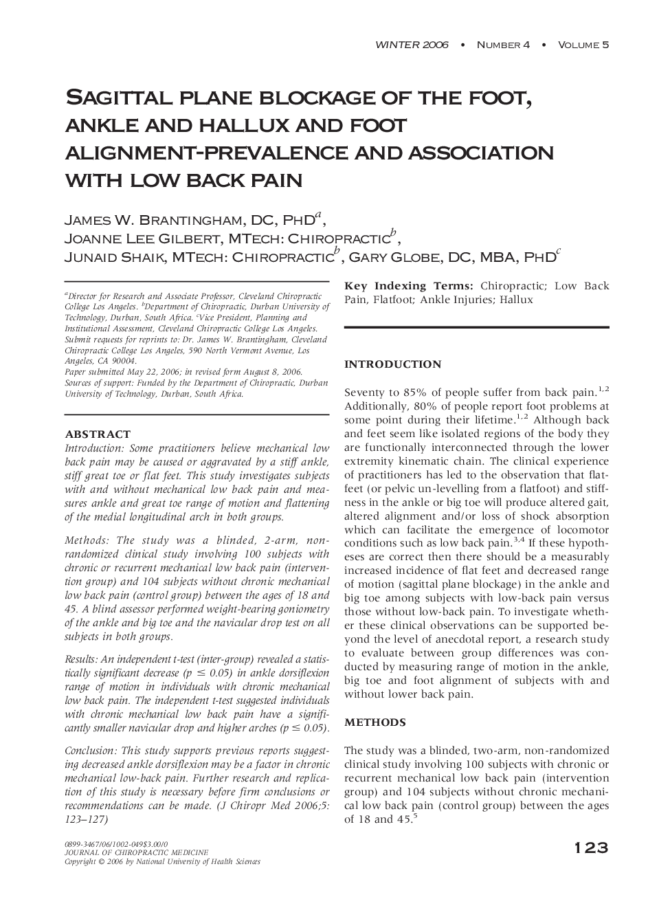 Sagittal plane blockage of the foot, ankle and hallux and foot alignment-prevalence and association with low back pain 