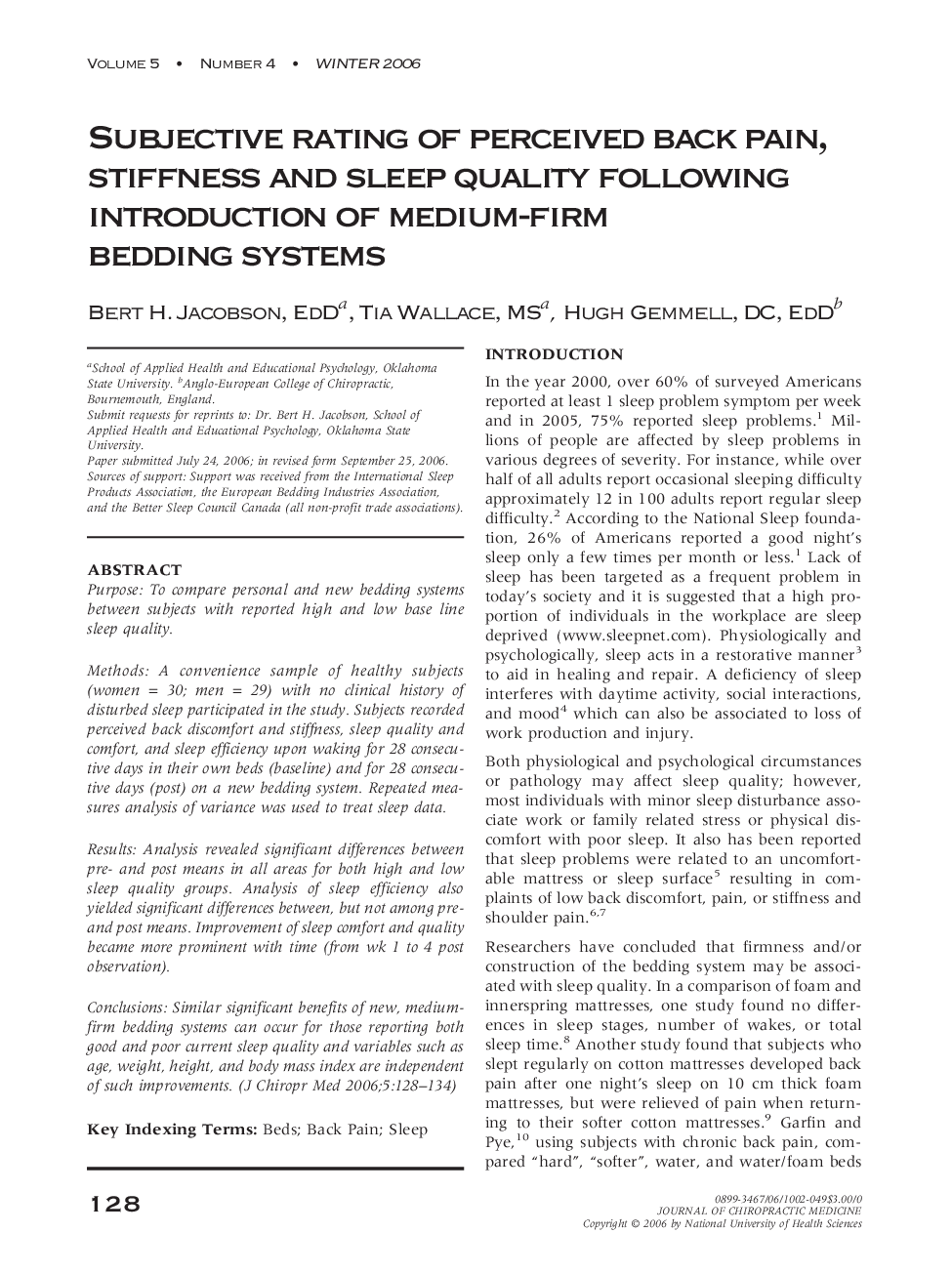 Subjective rating of perceived back pain, stiffness and sleep quality following introduction of medium-firm bedding systems 