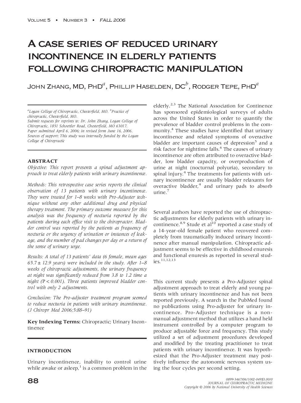 A case series of reduced urinary incontinence in elderly patients following chiropractic manipulation 