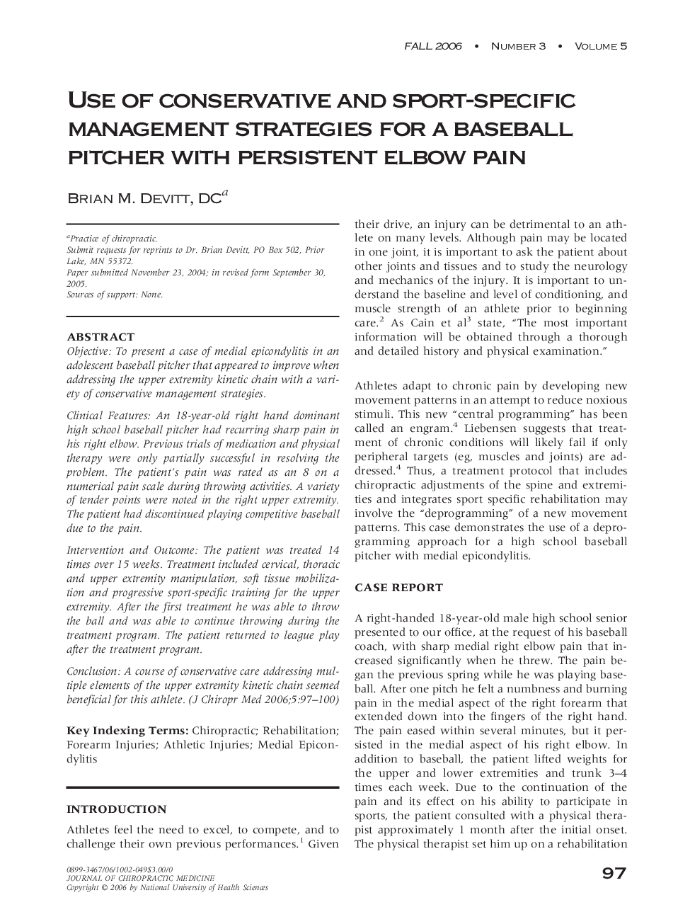 Use of conservative and sport-specific management strategies for a baseball pitcher with persistent elbow pain 