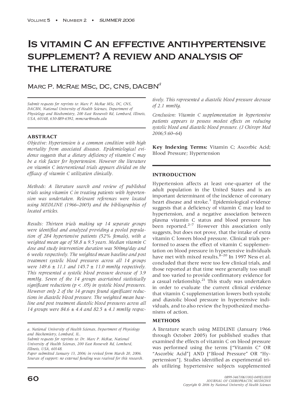 Is vitamin C an effective antihypertensive supplement? A review and analysis of the literature 