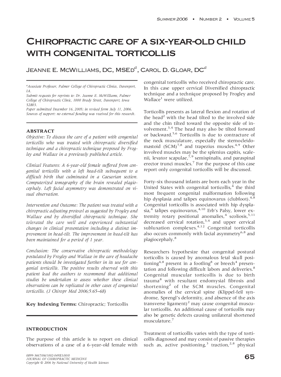 Chiropractic care of a six-year-old child with congenital torticollis 
