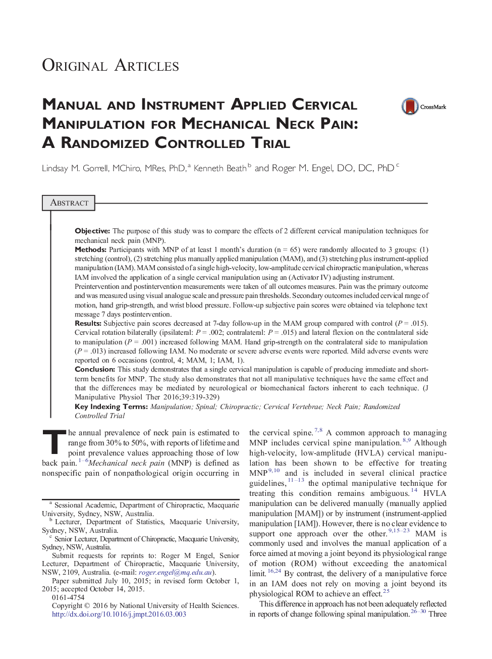 Manual and Instrument Applied Cervical Manipulation for Mechanical Neck Pain: A Randomized Controlled Trial