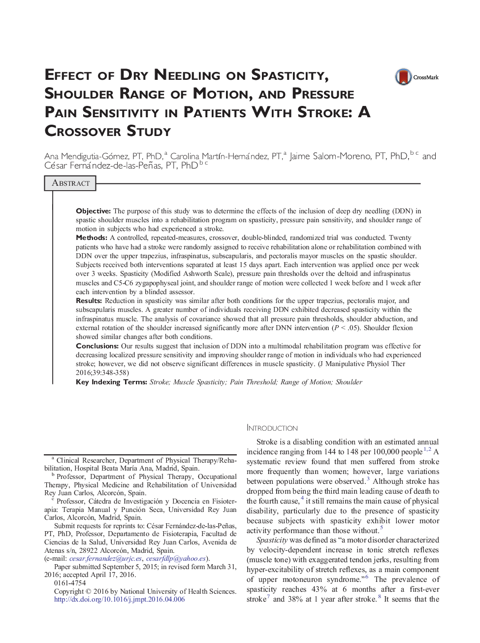 Effect of Dry Needling on Spasticity, Shoulder Range of Motion, and Pressure Pain Sensitivity in Patients With Stroke: A Crossover Study