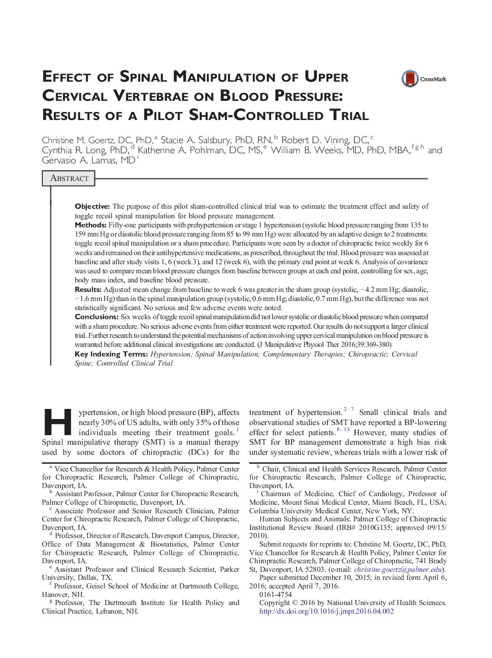 Effect of Spinal Manipulation of Upper Cervical Vertebrae on Blood Pressure: Results of a Pilot Sham-Controlled Trial 