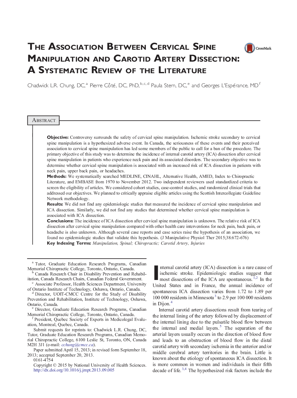 The Association Between Cervical Spine Manipulation and Carotid Artery Dissection: A Systematic Review of the Literature