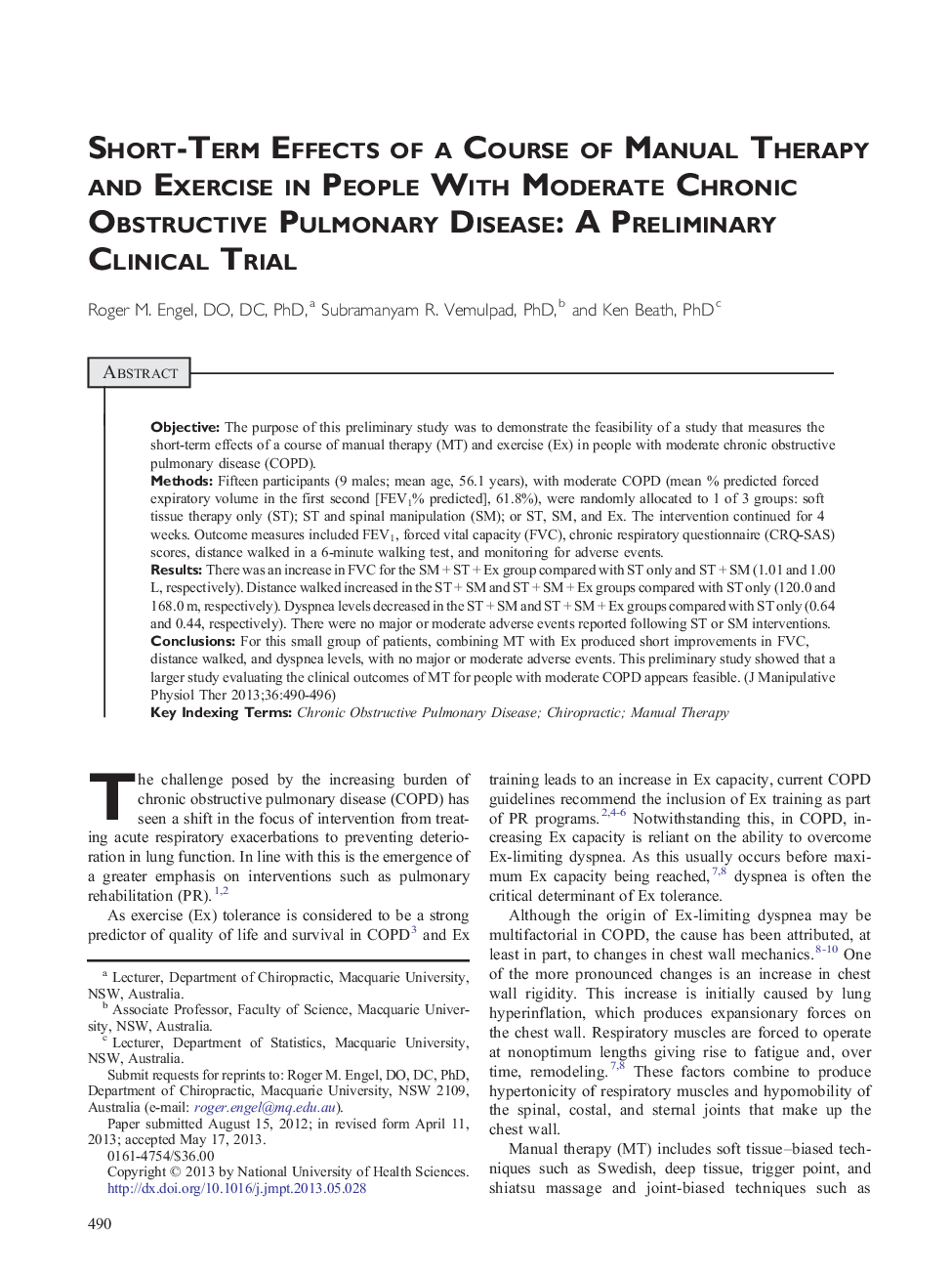 Short-Term Effects of a Course of Manual Therapy and Exercise in People With Moderate Chronic Obstructive Pulmonary Disease: A Preliminary Clinical Trial