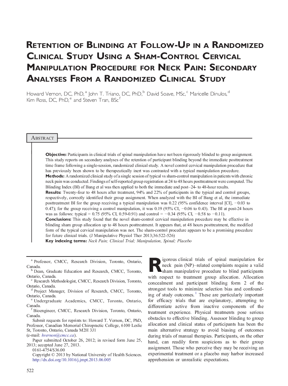 Retention of Blinding at Follow-Up in a Randomized Clinical Study Using a Sham-Control Cervical Manipulation Procedure for Neck Pain: Secondary Analyses From a Randomized Clinical Study