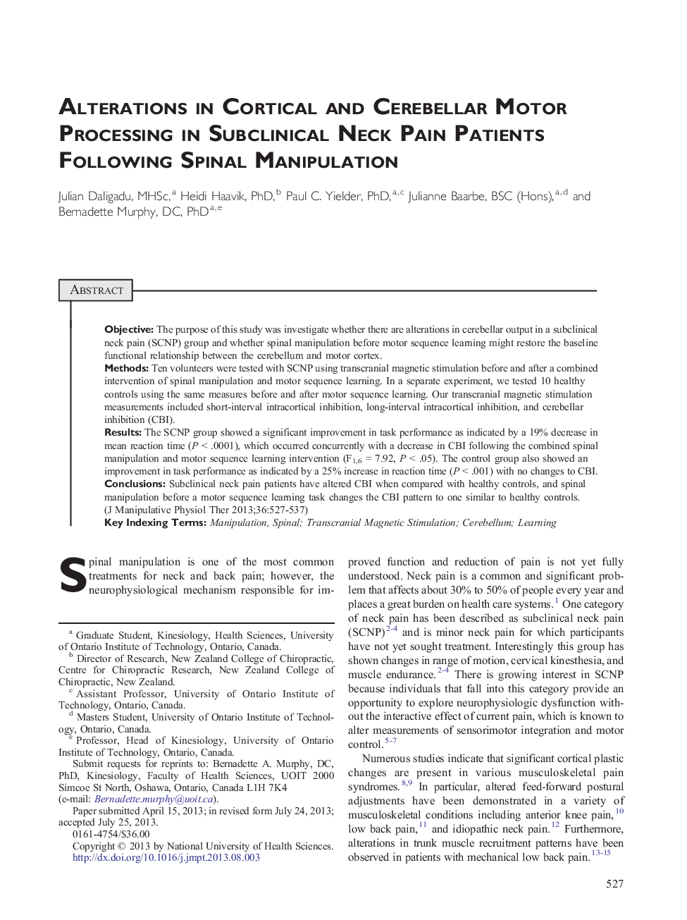 Alterations in Cortical and Cerebellar Motor Processing in Subclinical Neck Pain Patients Following Spinal Manipulation