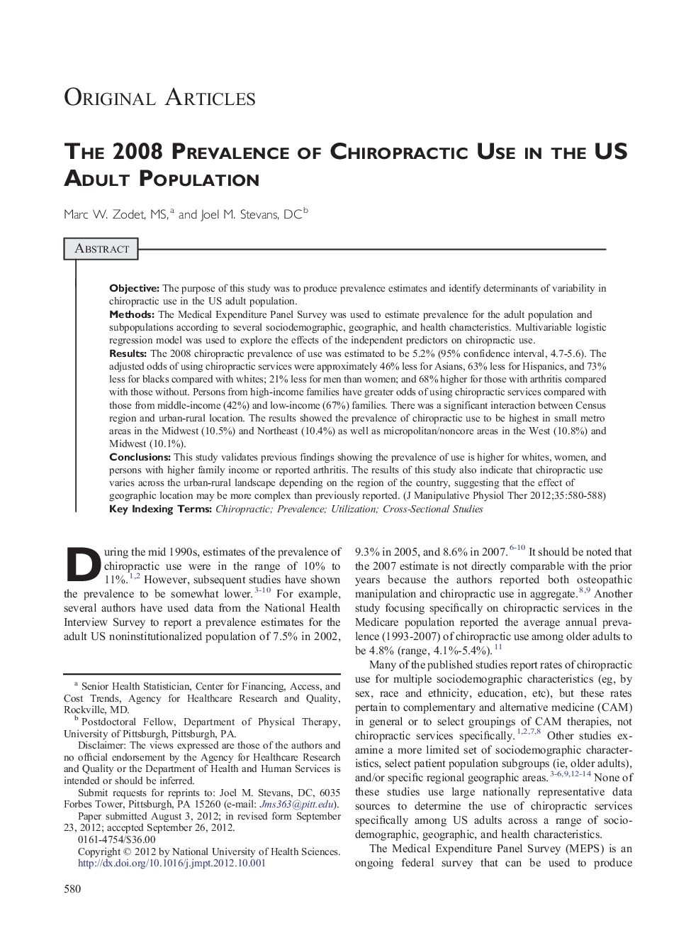 The 2008 Prevalence of Chiropractic Use in the US Adult Population 