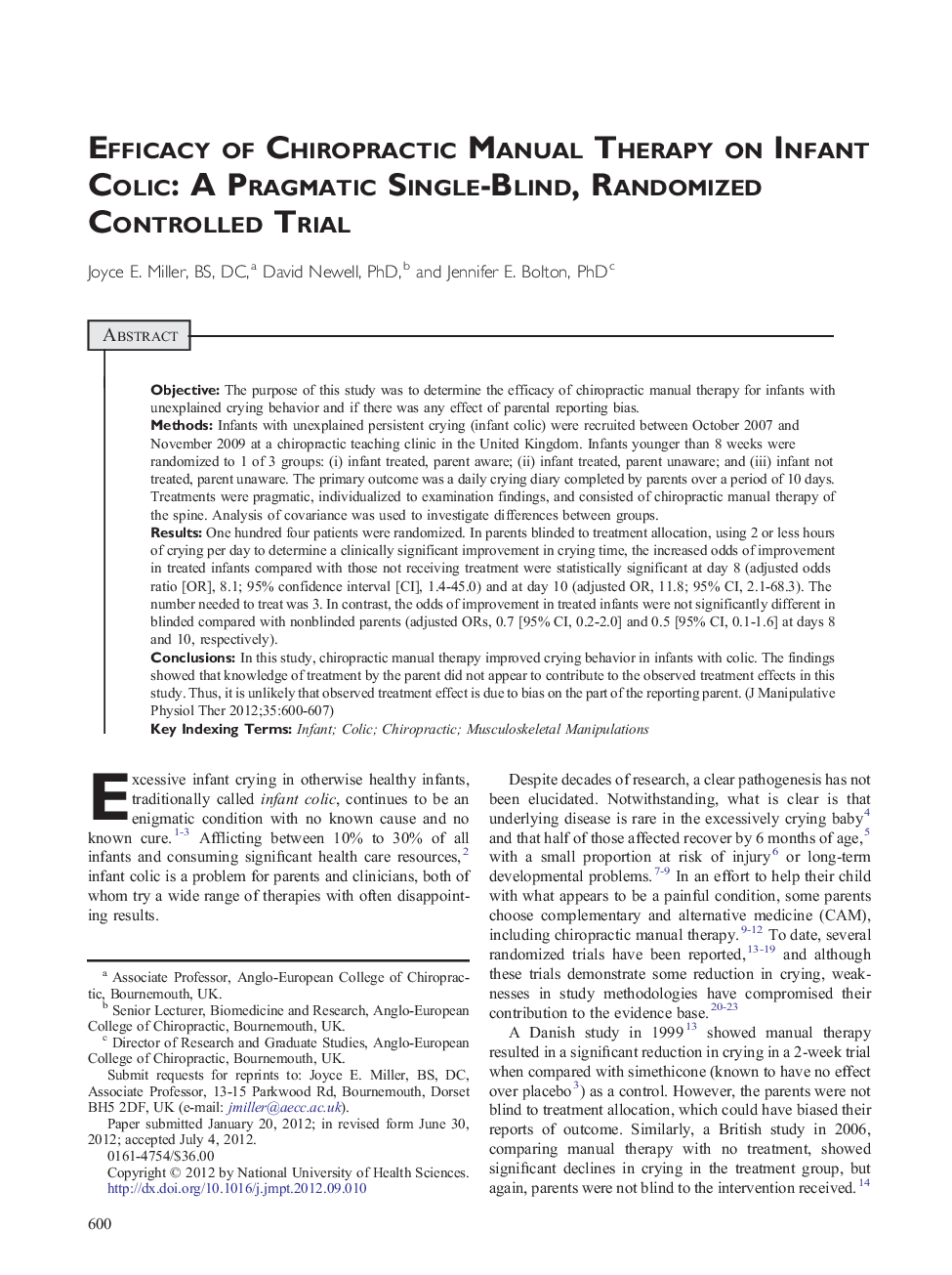 Efficacy of Chiropractic Manual Therapy on Infant Colic: A Pragmatic Single-Blind, Randomized Controlled Trial