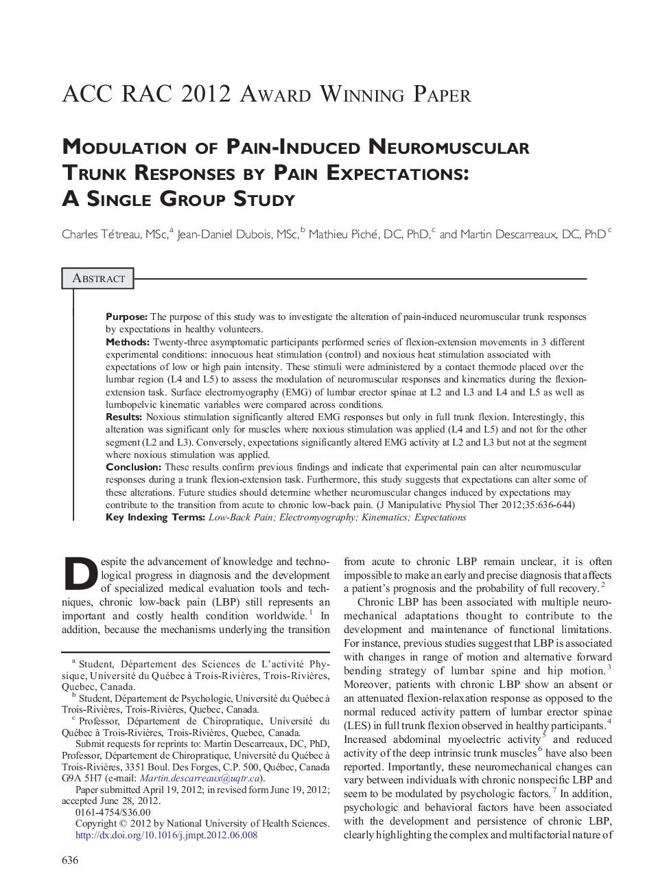 Modulation of Pain-Induced Neuromuscular Trunk Responses by Pain Expectations: A Single Group Study