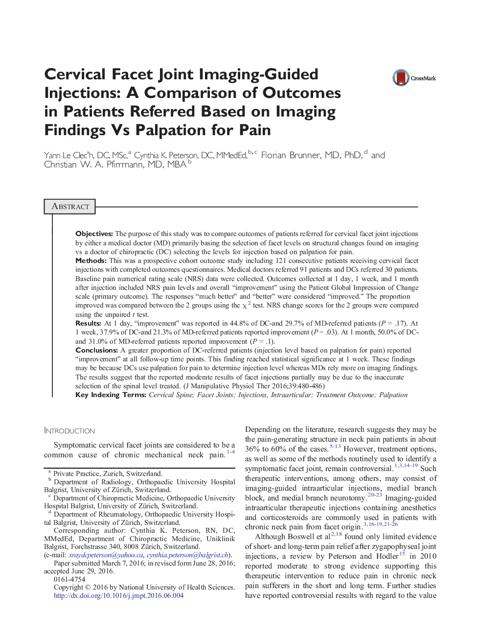 Cervical Facet Joint Imaging-Guided Injections: A Comparison of Outcomes in Patients Referred Based on Imaging Findings Vs Palpation for Pain