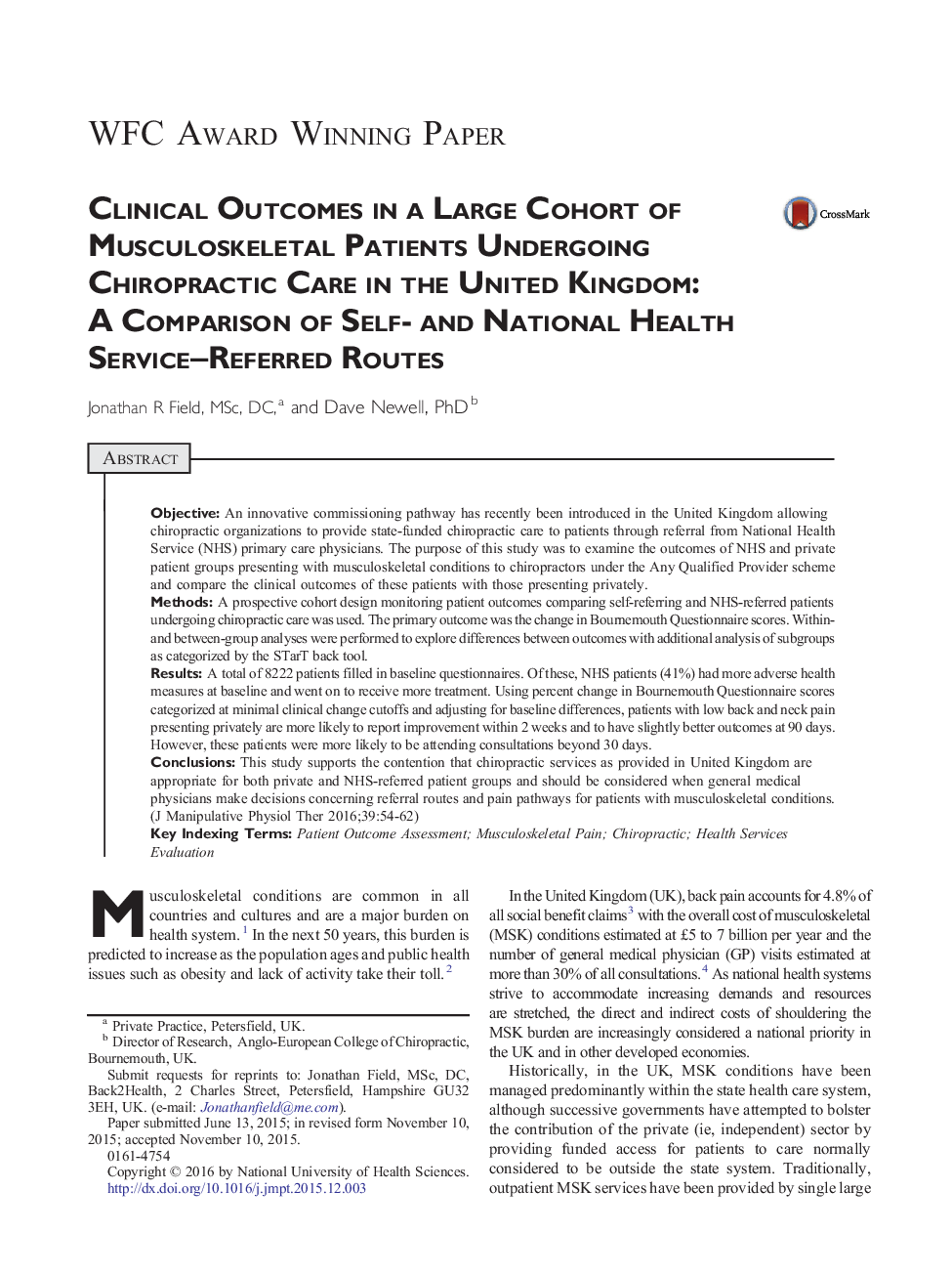 Clinical Outcomes in a Large Cohort of Musculoskeletal Patients Undergoing Chiropractic Care in the United Kingdom: A Comparison of Self- and National Health Service–Referred Routes