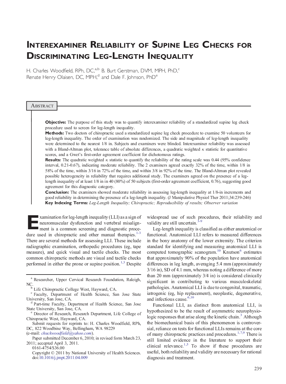 Interexaminer Reliability of Supine Leg Checks for Discriminating Leg-Length Inequality