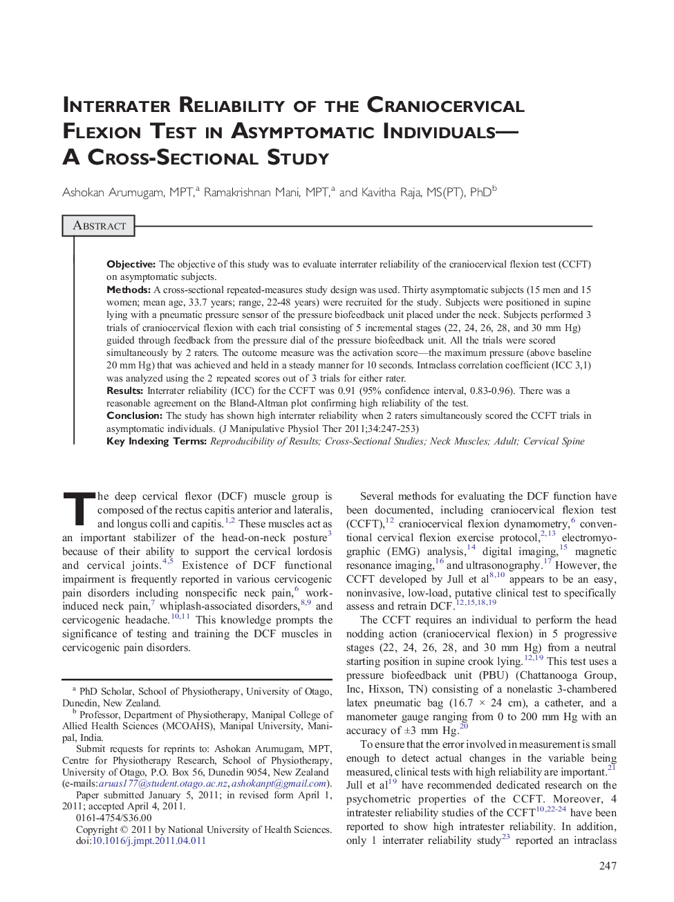 Interrater Reliability of the Craniocervical Flexion Test in Asymptomatic Individuals—A Cross-Sectional Study