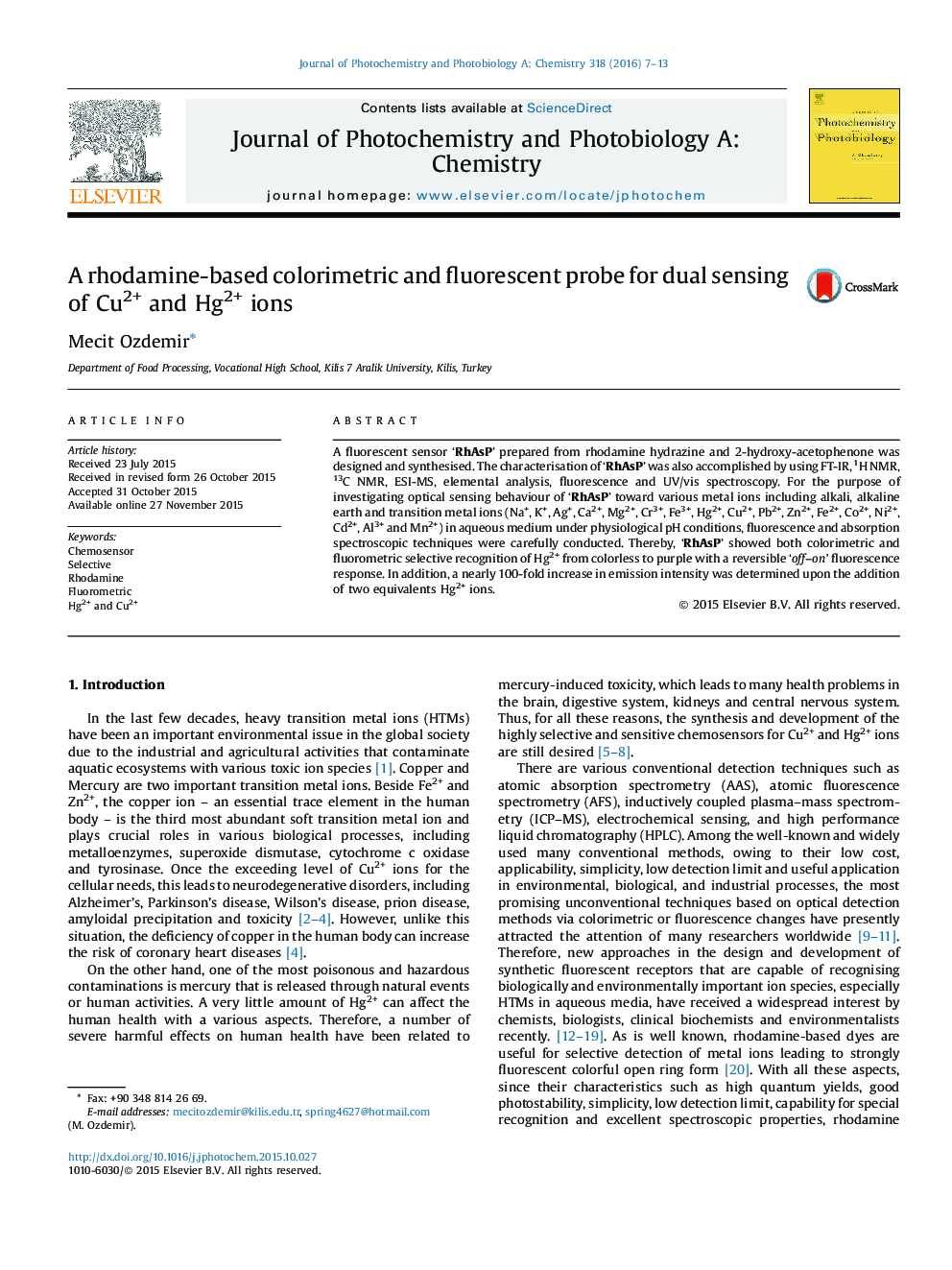 A rhodamine-based colorimetric and fluorescent probe for dual sensing of Cu2+ and Hg2+ ions