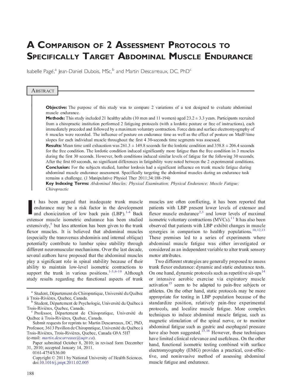 A Comparison of 2 Assessment Protocols to Specifically Target Abdominal Muscle Endurance