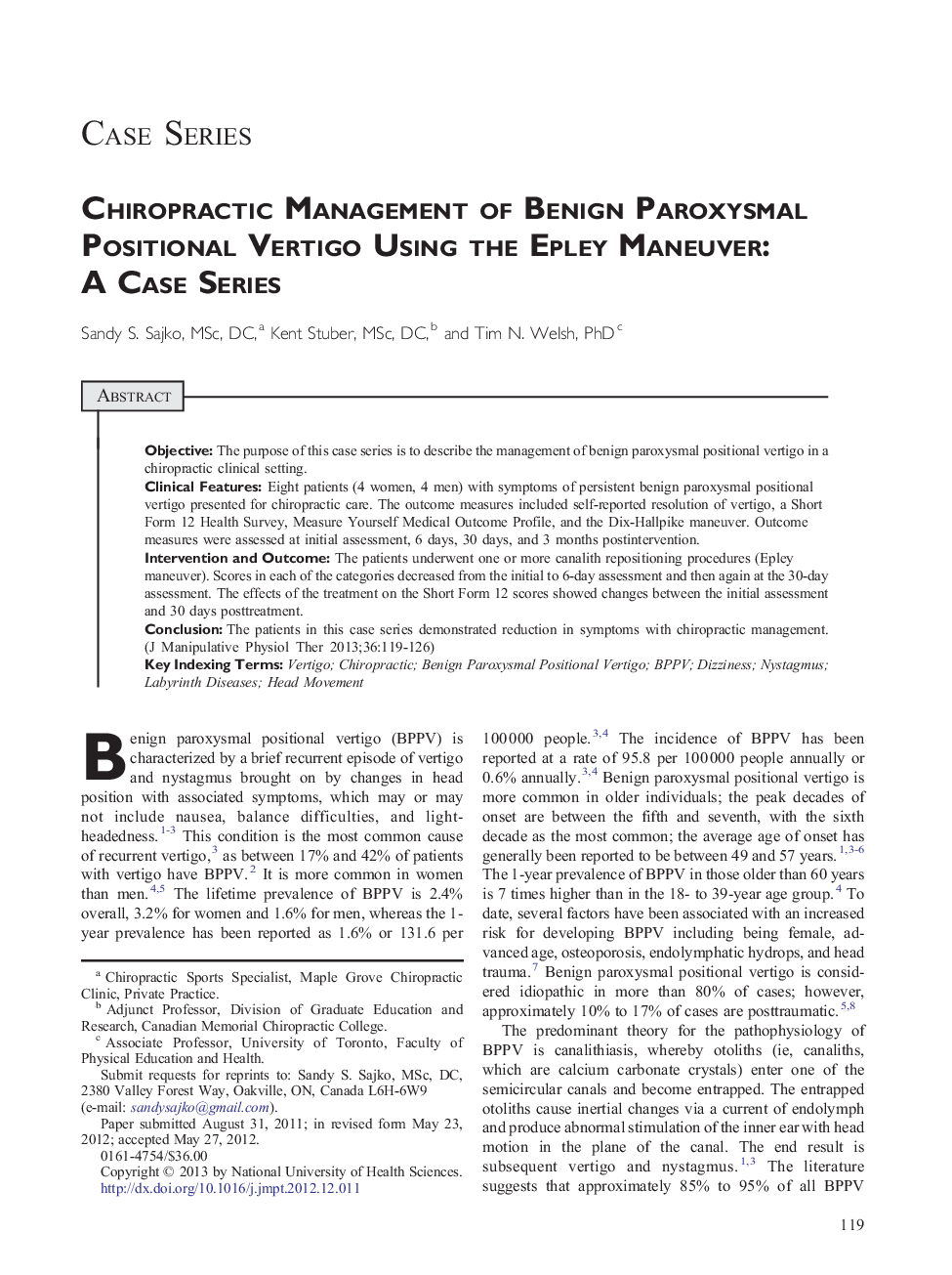 Chiropractic Management of Benign Paroxysmal Positional Vertigo Using the Epley Maneuver: A Case Series