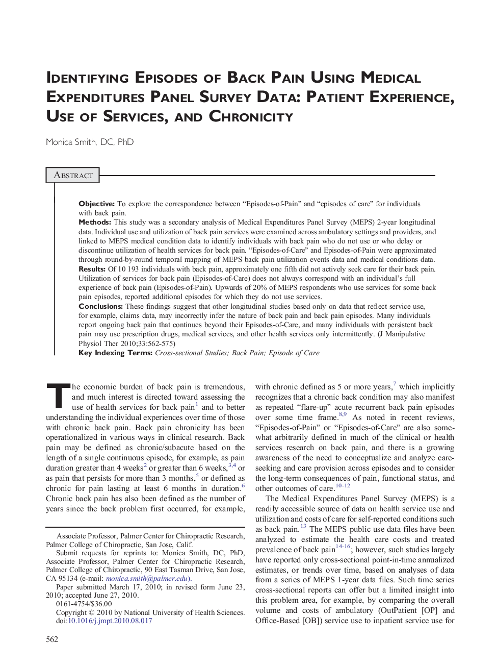 Identifying Episodes of Back Pain Using Medical Expenditures Panel Survey Data: Patient Experience, Use of Services, and Chronicity