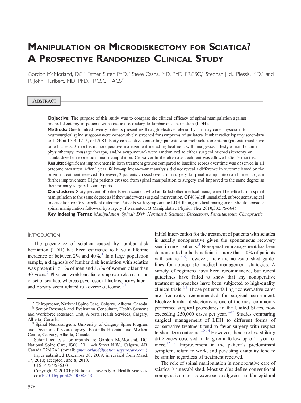 Manipulation or Microdiskectomy for Sciatica? A Prospective Randomized Clinical Study