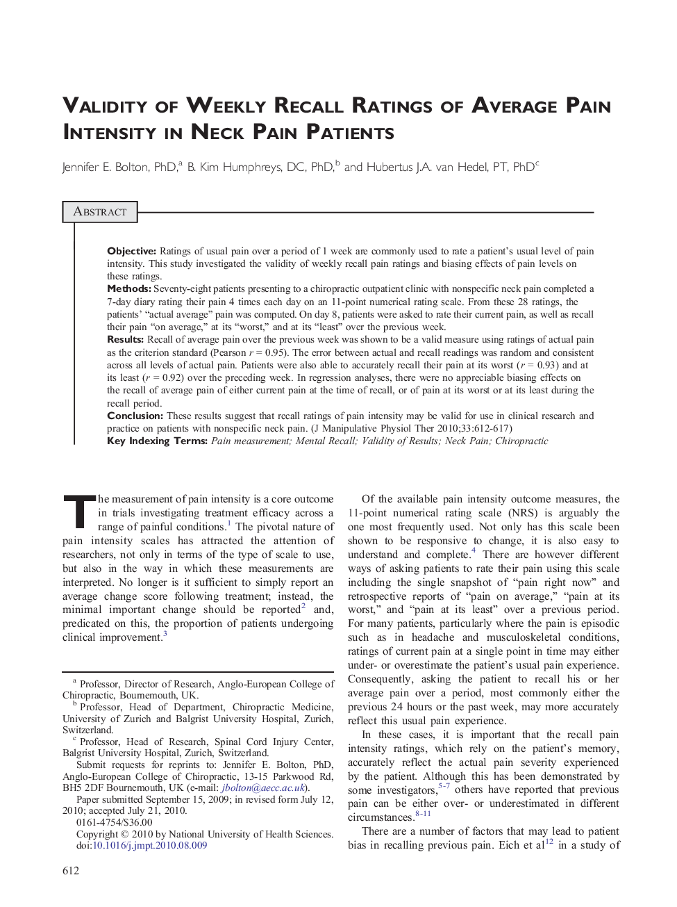 Validity of Weekly Recall Ratings of Average Pain Intensity in Neck Pain Patients