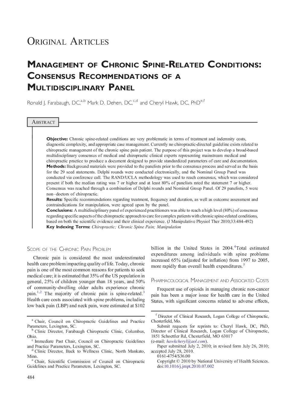 Management of Chronic Spine-Related Conditions: Consensus Recommendations of a Multidisciplinary Panel