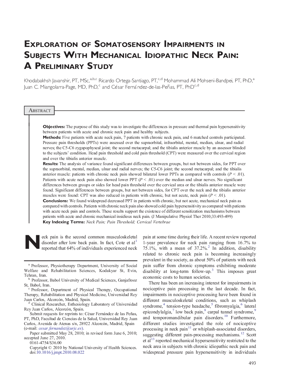 Exploration of Somatosensory Impairments in Subjects With Mechanical Idiopathic Neck Pain: A Preliminary Study