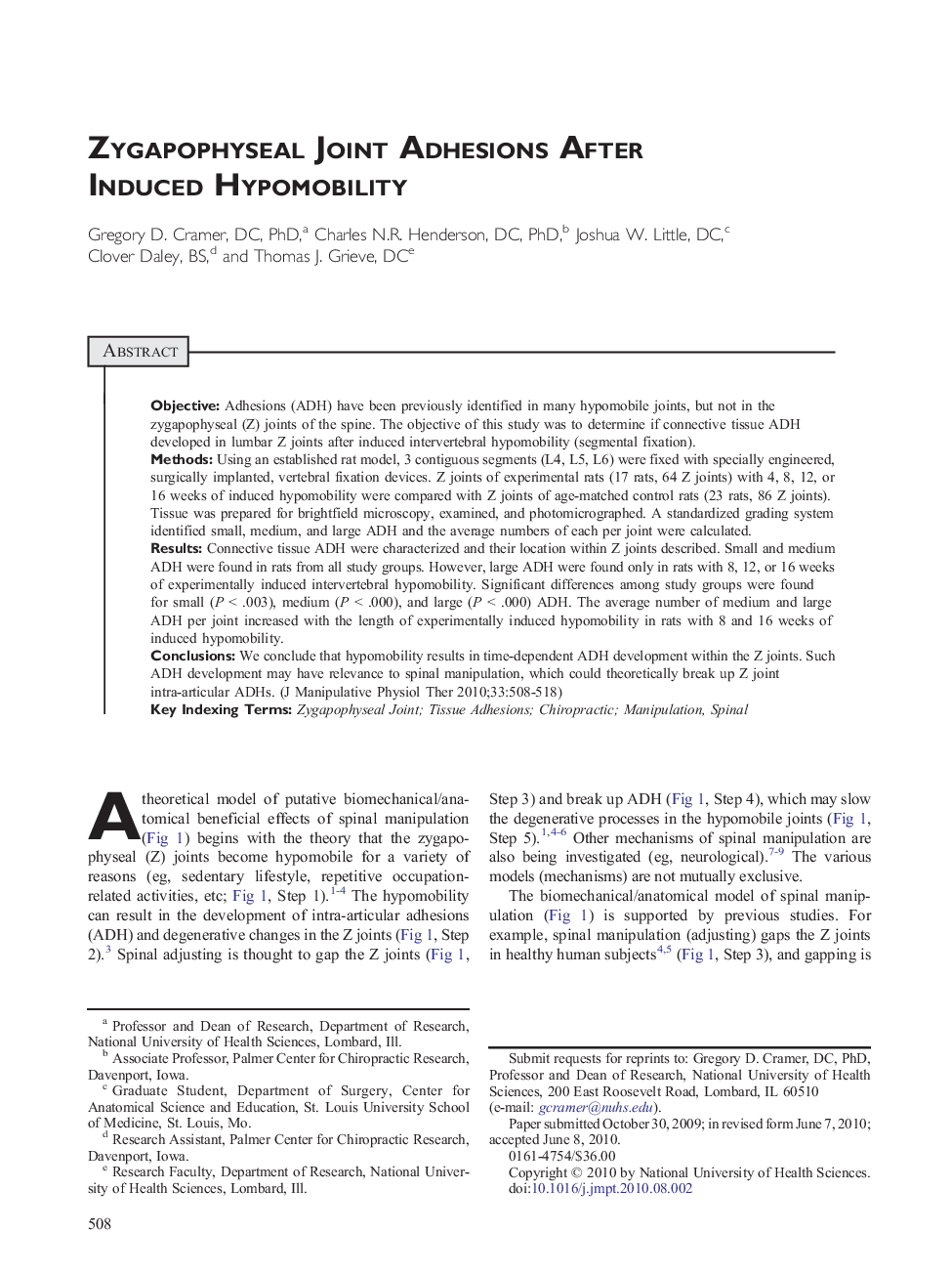 Zygapophyseal Joint Adhesions After Induced Hypomobility