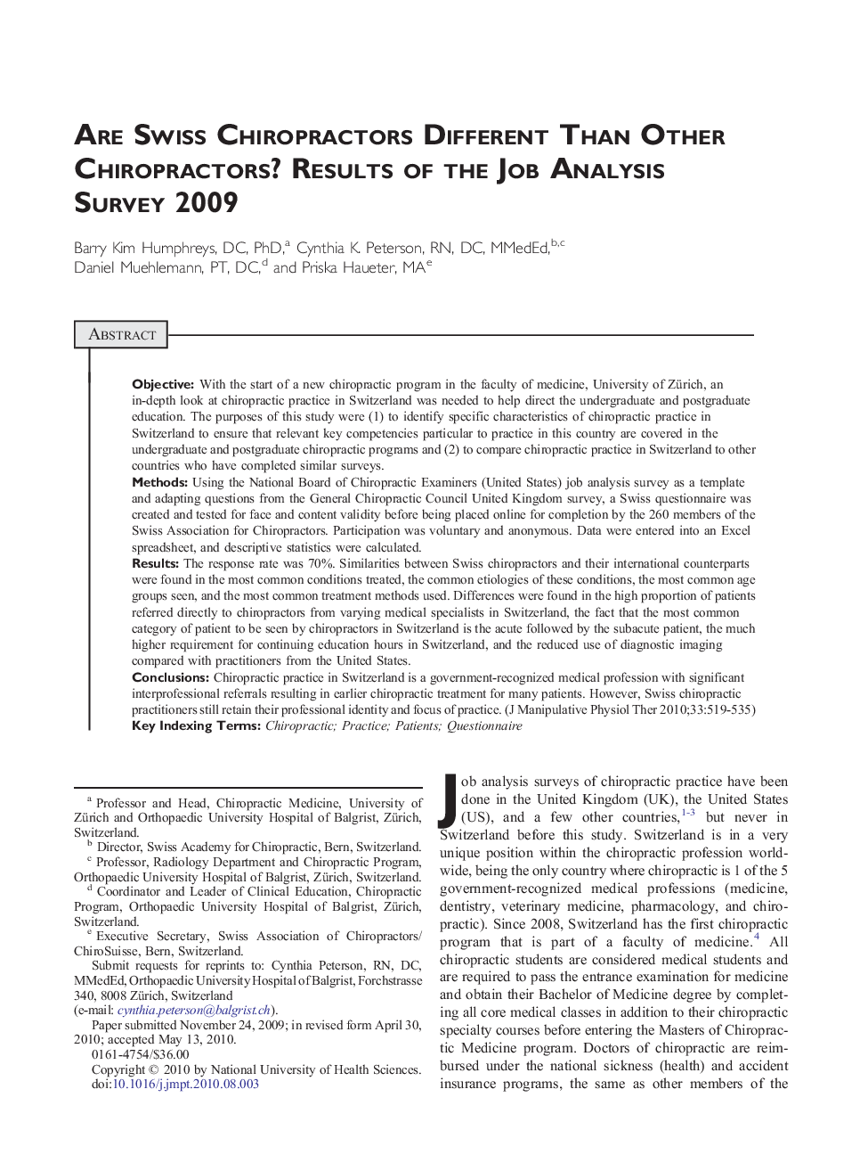 Are Swiss Chiropractors Different Than Other Chiropractors? Results of the Job Analysis Survey 2009