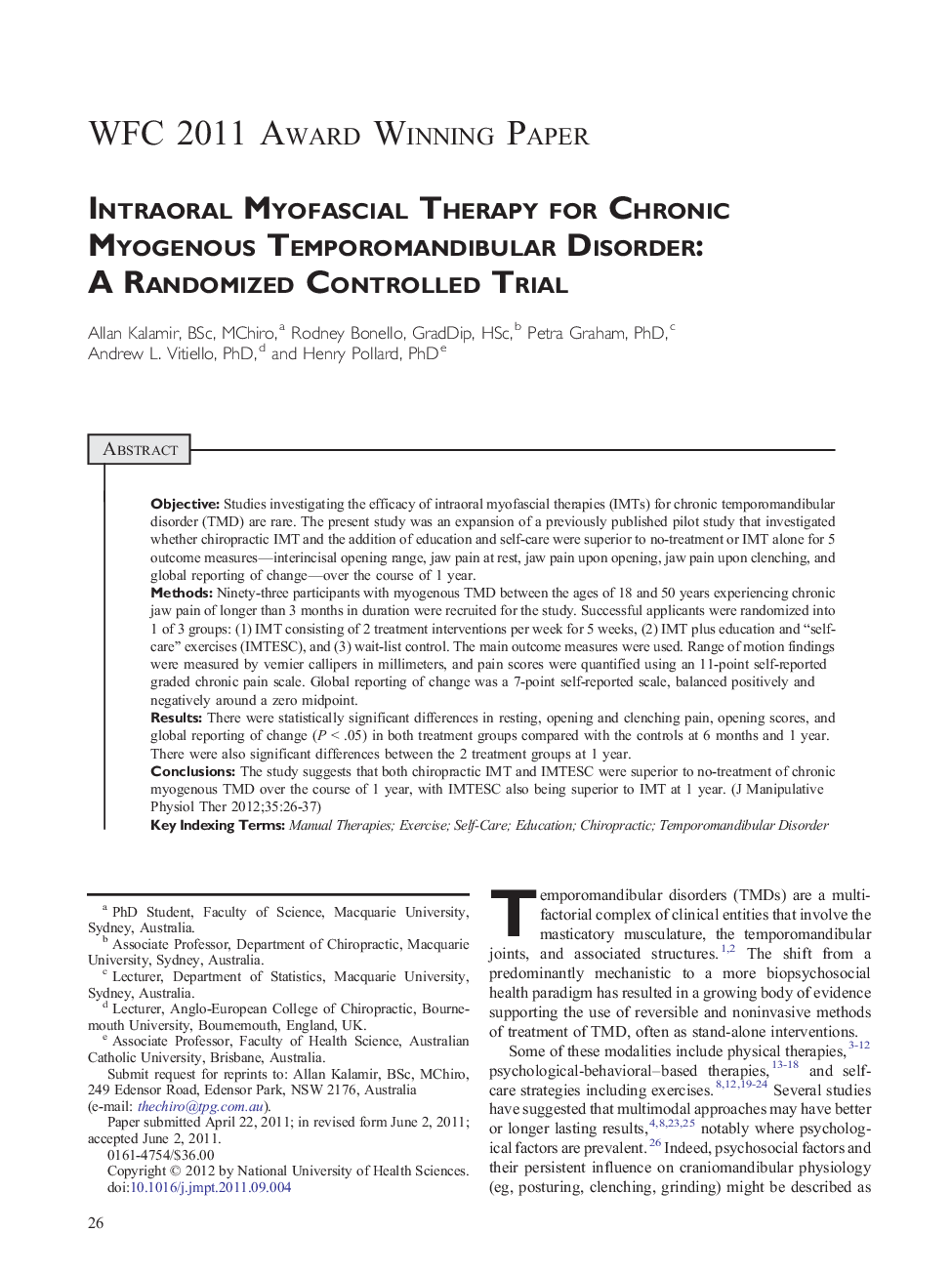 Intraoral Myofascial Therapy for Chronic Myogenous Temporomandibular Disorder: A Randomized Controlled Trial