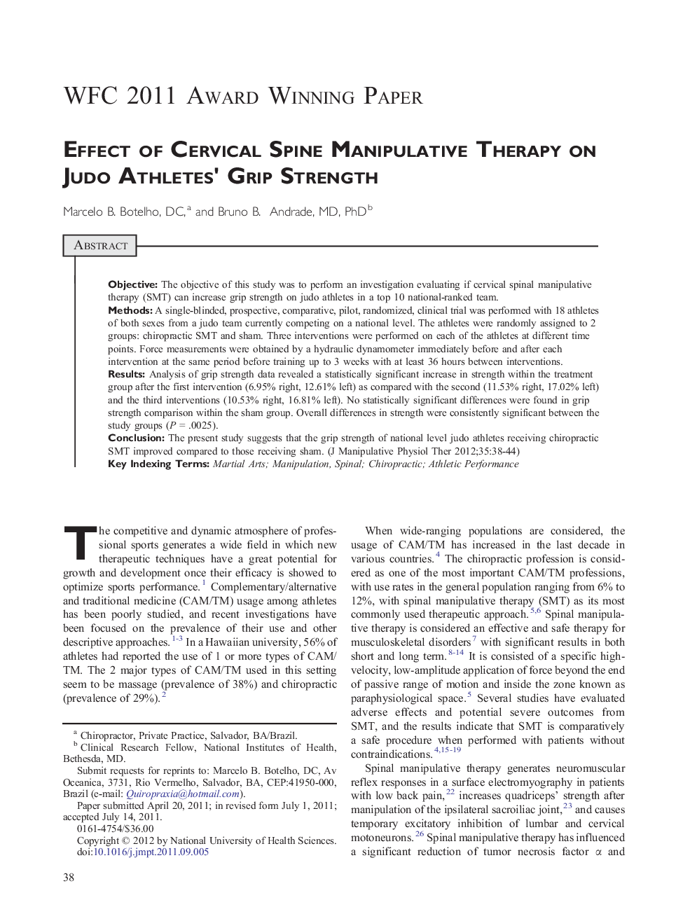 Effect of Cervical Spine Manipulative Therapy on Judo Athletes' Grip Strength