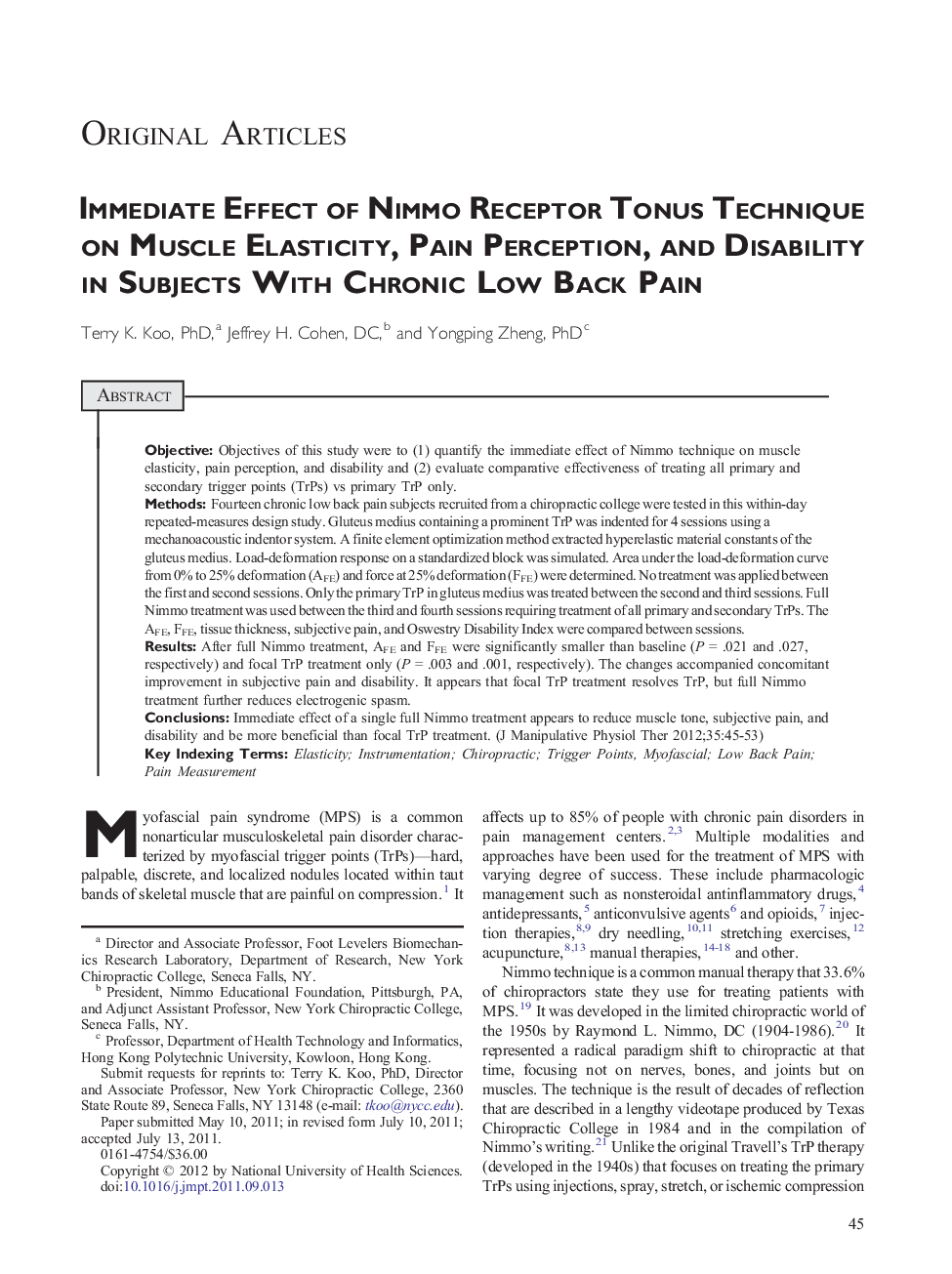 Immediate Effect of Nimmo Receptor Tonus Technique on Muscle Elasticity, Pain Perception, and Disability in Subjects With Chronic Low Back Pain