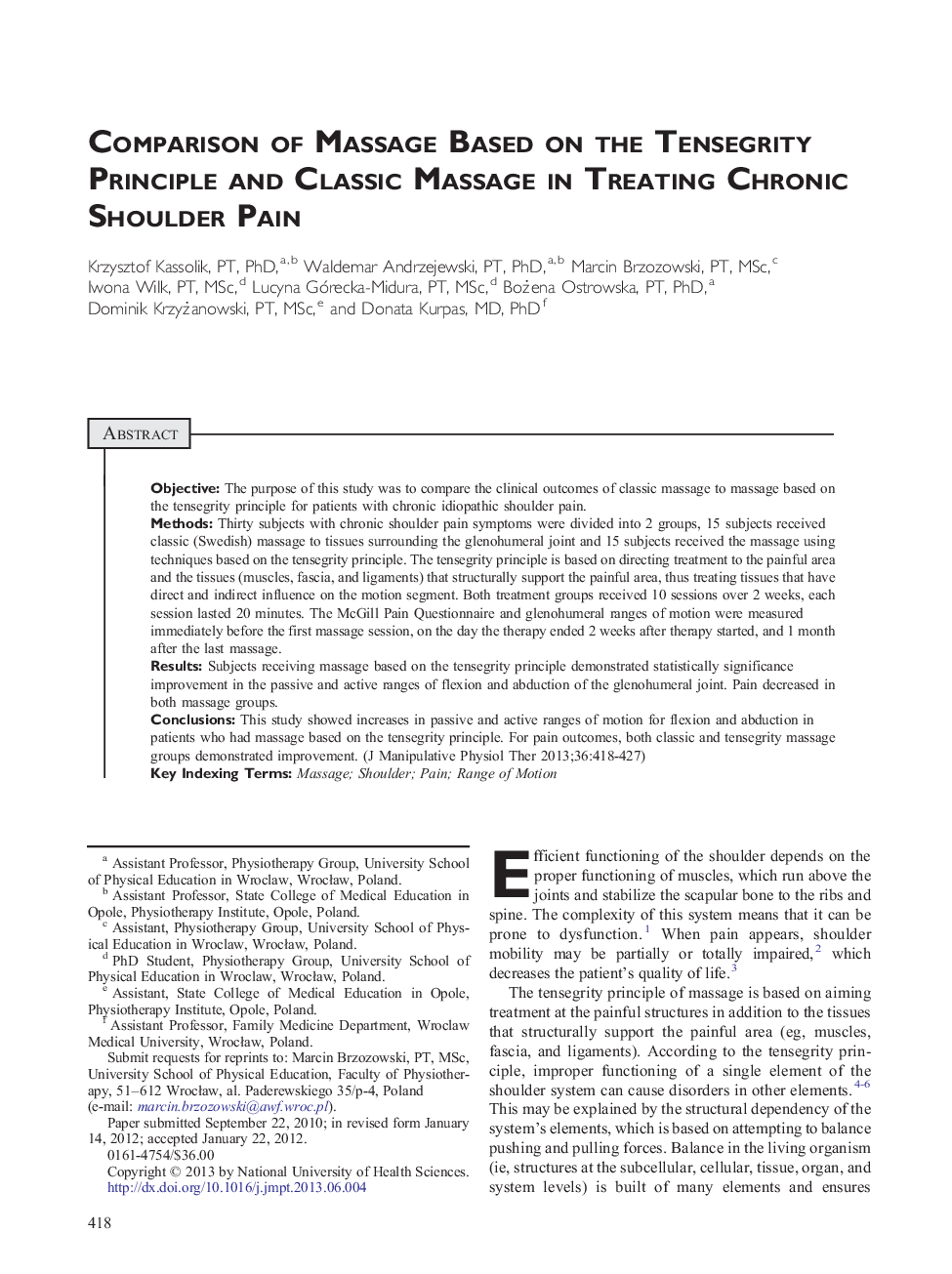 Comparison of Massage Based on the Tensegrity Principle and Classic Massage in Treating Chronic Shoulder Pain