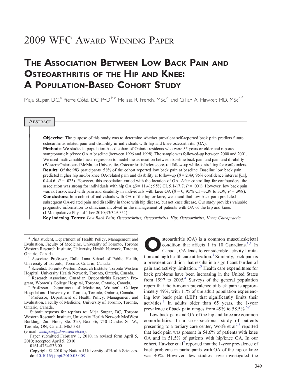 The Association Between Low Back Pain and Osteoarthritis of the Hip and Knee: A Population-Based Cohort Study